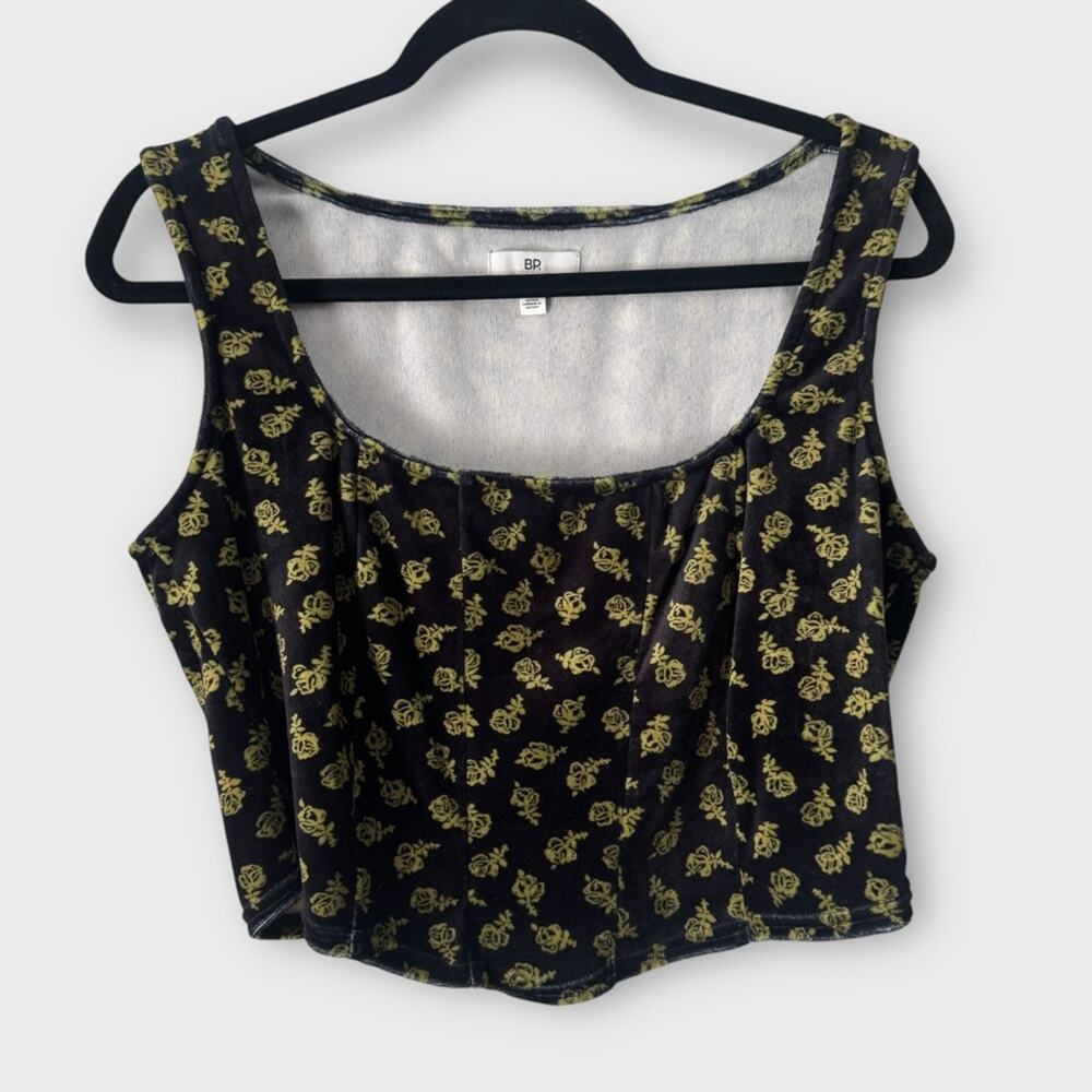 NEW BP Corset stretch velvet tank, black with yellow floral print, size large